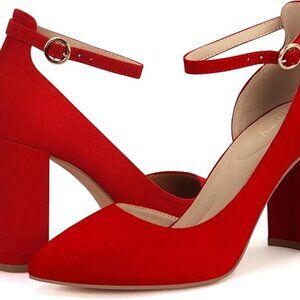 New Closed Toe Pumps 3-Inch Chunky Heels Pumps Ankle Strap Dress Wedding Shoes